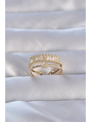 MuI MuI Pirinç Gold Renk Zirkon Taşlı Baget Su Yolu Model Ayarlanabilir Yüzük