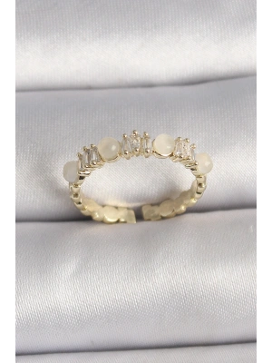 MuI MuI Pirinç Gold Renk Zirkon Taşlı Beyaz Mineli Ayarlanabilir Yüzük