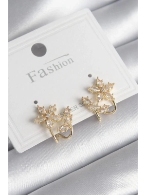 MuI MuI Pirinç Gold Renk Zirkon Taşlı Çiçek Model Kadın Küpe