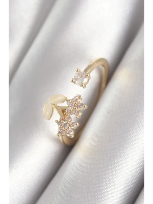 MuI MuI Pirinç Gold Renk Zirkon Taşlı Çiçek Model Kadın Yüzük