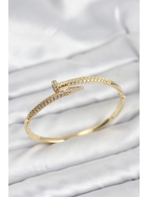 MuI MuI Pirinç Gold Renk Zirkon Taşlı Çivi Model Kadın Kelepçe Bileklik