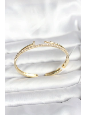 MuI MuI Pirinç Gold Renk Zirkon Taşlı Çivi Model Kadın Kelepçe Bileklik