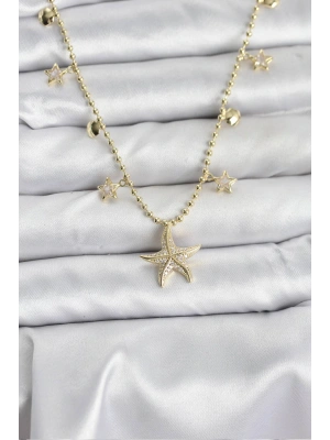MuI MuI Pirinç Gold Renk Zirkon Taşlı Deniz Yıldızı Model Kadın Kolye