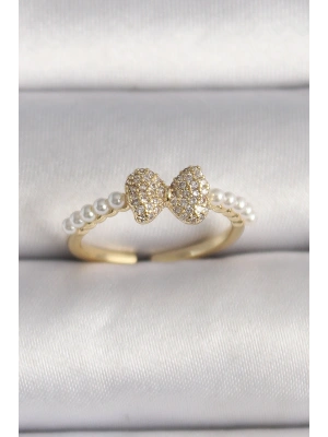 MuI MuI Pirinç Gold Renk Zirkon Taşlı Fiyonk İnci Detay Ayarlanabilir Yüzük