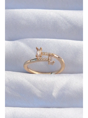 MuI MuI Pirinç Gold Renk Zirkon Taşlı Geometrik Ayarlanabilir Yüzük