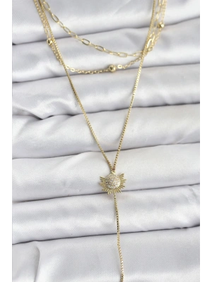 MuI MuI Pirinç Gold Renk Zirkon Taşlı Güneş Model Detaylı 3lü Kombin Y Kadın Kolye