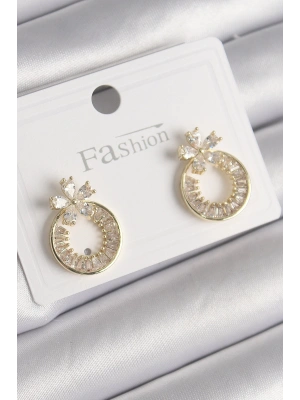 MuI MuI Pirinç Gold Renk Zirkon Taşlı Halka Model Çiçek Figür Kadın Küpe