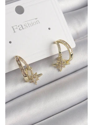 MuI MuI Pirinç Gold Renk Zirkon Taşlı Halka Model Yıldız Detay Kadın Küpe