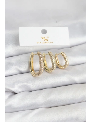 MuI MuI Pirinç Gold Renk Zirkon Taşlı Halka Model YSX Trio Küpe Seti