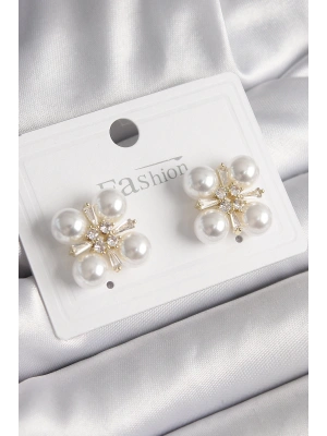 MuI MuI Pirinç Gold Renk Zirkon Taşlı İncili Kadın Küpe