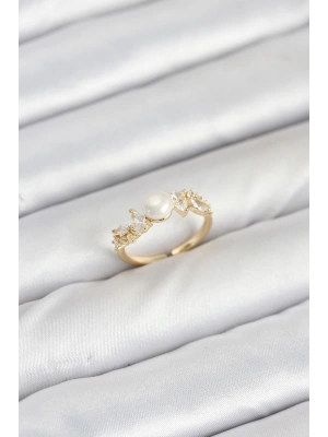 MuI MuI Pirinç Gold Renk Zirkon Taşlı İncili Model Kadın Yüzük