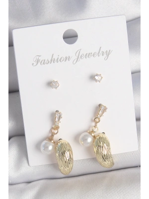 MuI MuI Pirinç Gold Renk Zirkon Taşlı İncili Sallantılı İşlemeli Damla Model 3 Çift Kadın Küpe Seti