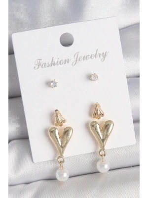 MuI MuI Pirinç Gold Renk Zirkon Taşlı İncili Sallantılı Kalp Model 3 Çift Kadın Küpe Seti