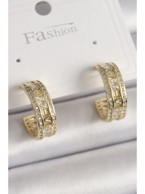 MuI MuI Pirinç Gold Renk Zirkon Taşlı İşleme Detay Halka Model Kadın Küpe