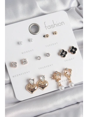 MuI MuI Pirinç Gold Renk Zirkon Taşlı Kalp Figür Siyah Yonca Detay 7 Çift Kadın Küpe Seti