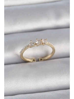 MuI MuI Pirinç Gold Renk Zirkon Taşlı Kalp İnci Detaylı Ayarlanabilir Model Kadın Yüzük