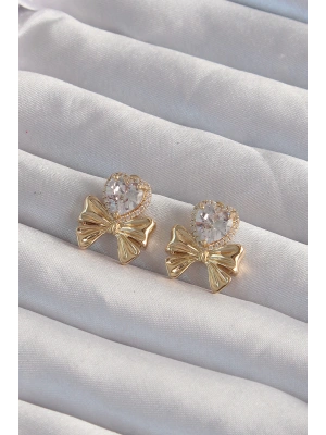 MuI MuI Pirinç Gold Renk Zirkon Taşlı Kalp Model Fiyonk Küpe