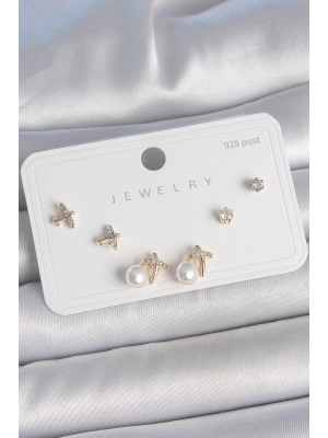 MuI MuI Pirinç Gold Renk Zirkon Taşlı Kelebek Model İnci Detay 925 Ayar Gümüş Çivi Kadın Küpe Seti