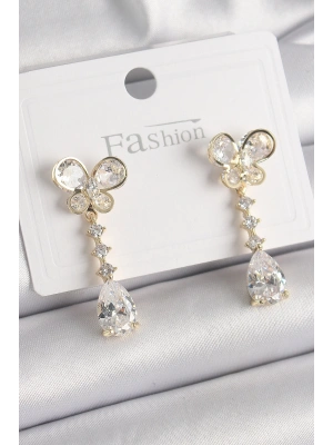 MuI MuI Pirinç Gold Renk Zirkon Taşlı Kelebek Model Sallantı Damla Zirkon Taş Kadın Küpe