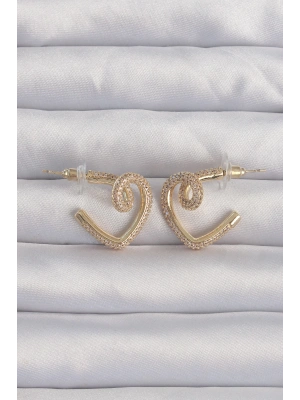 MuI MuI Pirinç Gold Renk Zirkon Taşlı Kıvrımlı Yarım Kalp Küpe