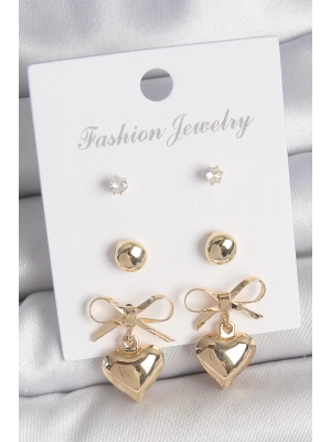MuI MuI Pirinç Gold Renk Zirkon Taşlı Kurdele Sallantılı Kalp Model 3 Çift Kadın Küpe Seti