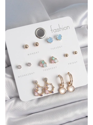 MuI MuI Pirinç Gold Renk Zirkon Taşlı Sallantı Halka Figür Kalp Detay 7 Çift Kadın Küpe