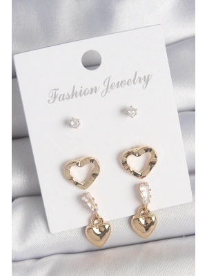 MuI MuI Pirinç Gold Renk Zirkon Taşlı Sallantı Kalp Model Kadın 3 Çift Küpe Seti