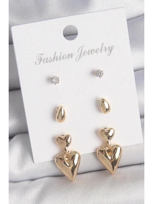 MuI MuI Pirinç Gold Renk Zirkon Taşlı Sallantılı Kalp Model 3 Çift Kadın Küpe Seti