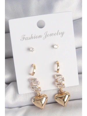 MuI MuI Pirinç Gold Renk Zirkon Taşlı Sallantılı Kalp Model Yarım Halka Detay 3 Çift Kadın Küpe Seti