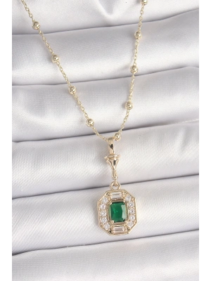 MuI MuI Pirinç Gold Renk Zirkon Taşlı Topçuk Zincir Serenay Model Kadın Kolye