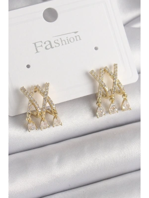 MuI MuI Pirinç Gold Renk Zirkon Taşlı X Model Sallantı Detay Kadın Küpe