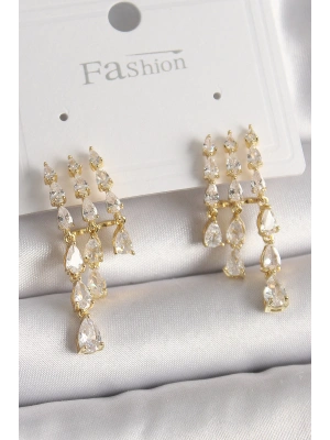 MuI MuI Pirinç Gold Renk Zirkon Taşlı Yağmur Model Kadın Küpe