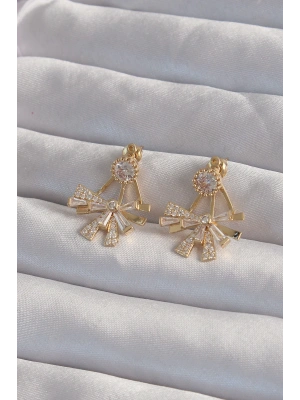 MuI MuI Pirinç Gold Renk Zirkon Taşlı Yassı Fiyonk Model Küpe