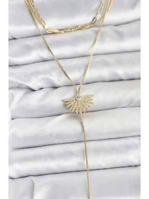 MuI MuI Pirinç Gold Renk Zirkon Taşlı Yelpaze Model Detaylı 3lü Kombin Y Kadın Kolye