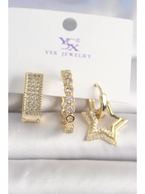 MuI MuI Pirinç Gold Renk Zirkon Taşlı Yıldız Figür Halka Model 3Lü Kadın Kombin Küpe