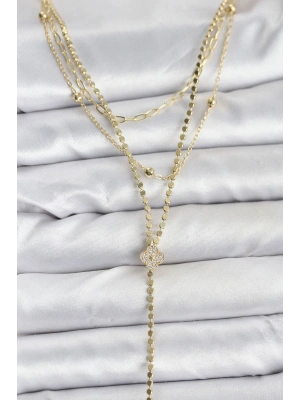 MuI MuI Pirinç Gold Renk Zirkon Taşlı Yonca Model Detaylı 3lü Kombin Y Kadın Kolye