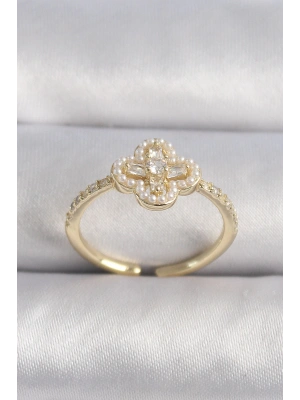 MuI MuI Pirinç Gold Renk Zirkon Taşlı Yonca Model İnci Detay Kadın Yüzük