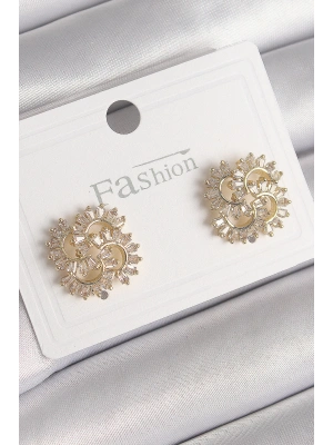 MuI MuI Pirinç Gold Renk Zirkon Taşlı Yonca Model Kadın Küpe