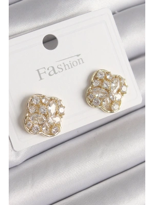 MuI MuI Pirinç Gold Renk Zirkon Taşlı Yonca Model Kadın Küpe