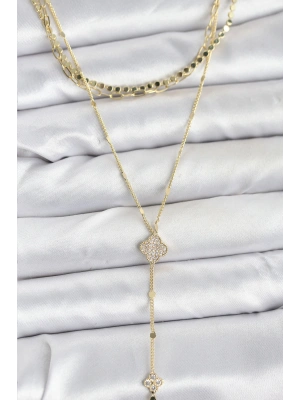 MuI MuI Pirinç Gold Renk Zirkon Taşlı Yoncalı Model Detaylı 3lü Kombin Y Kadın Kolye