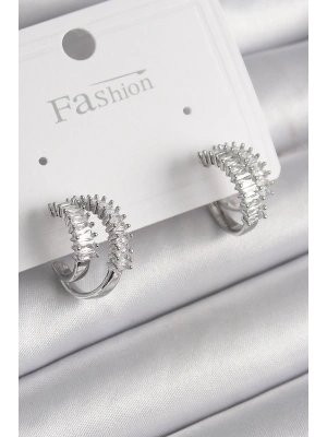 MuI MuI Pirinç Gümüş Renk 2Li Zirkon Taşlı Halka Model Kadın Küpe