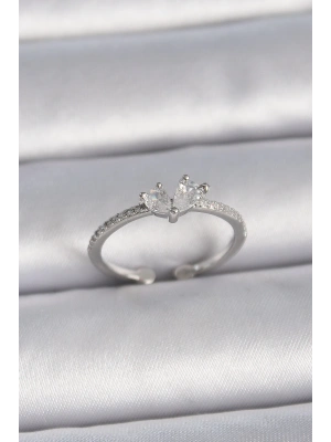 MuI MuI Pirinç Gümüş Renk Ayaralanabilir Zirkon Taşlı Kalp Model Kadın Yüzük