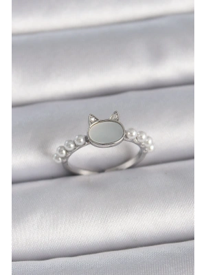 MuI MuI Pirinç Gümüş Renk Ayarlanabilir Beyaz Mineli Kedi Model İnci Detay Kadın Yüzük