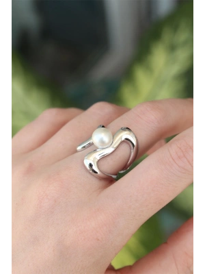 MuI MuI Pirinç Gümüş Renk Ayarlanabilir İnci Taşlı Yüzük