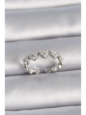 MuI MuI Pirinç Gümüş Renk Ayarlanabilir İncili Kalp Model Kadın Yüzük