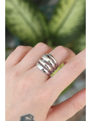 MuI MuI Pirinç Gümüş Renk Ayarlanabilir Tırtıklı Bombe Yüzük