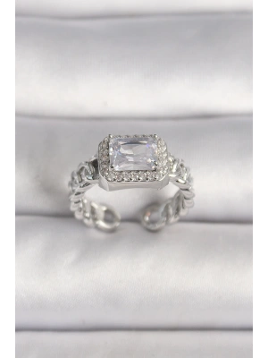 MuI MuI Pirinç Gümüş Renk Ayarlanabilir Zincir Kare Zirkon Taşlı Kadın Yüzük