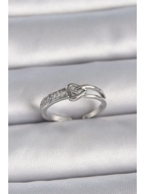 MuI MuI Pirinç Gümüş Renk Ayarlanabilir Zirkon Taşlı Düğüm Kalp Model Kadın Yüzük