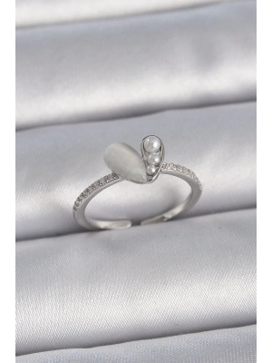 MuI MuI Pirinç Gümüş Renk Ayarlanabilir Zirkon Taşlı İncili Beyaz Mineli Kalp Model Kadın Yüzük