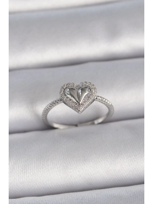 MuI MuI Pirinç Gümüş Renk Ayarlanabilir Zirkon Taşlı Kalp Model Kadın Yüzük